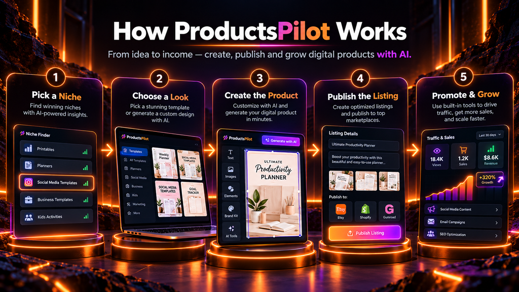 How ProductsPilot works from niche research and product creation to listing, publishing and promotion