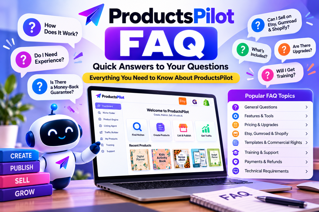 ProductsPilot FAQ covering pricing, features, upgrades, marketplaces, guarantee, training and commercial rights