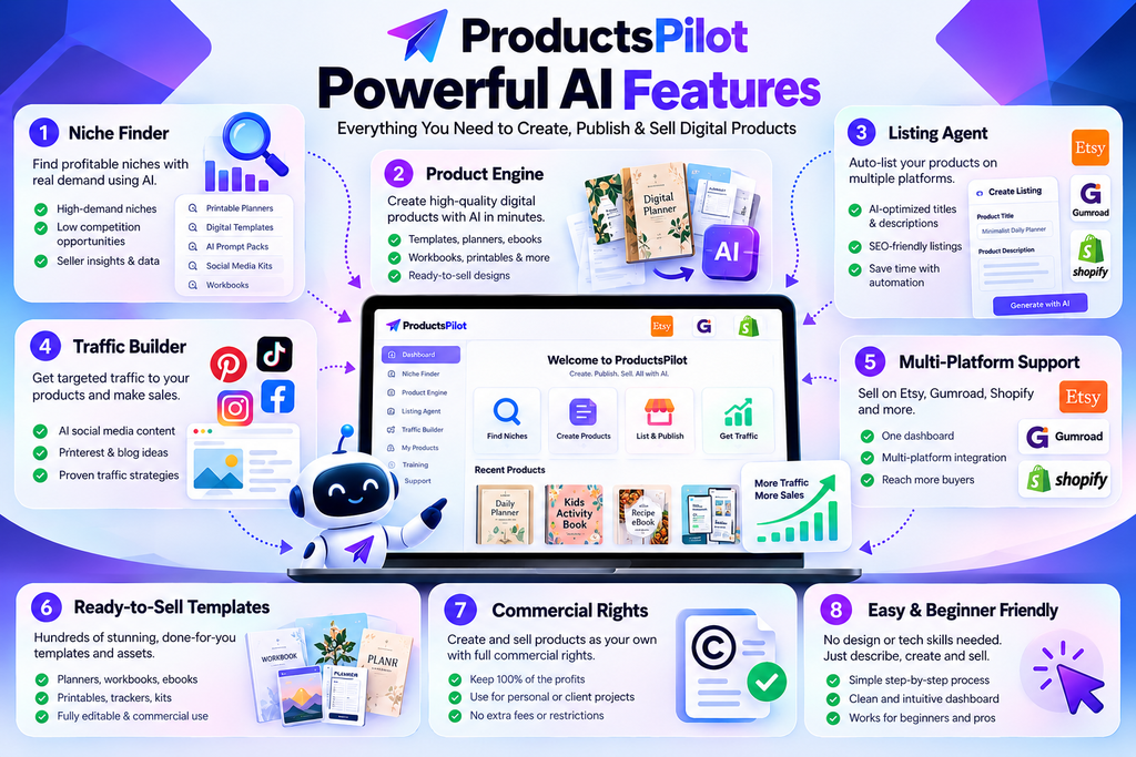 ProductsPilot features including Niche Finder, Product Engine, Listing Agent, Traffic Builder, marketplace support, templates and commercial rights