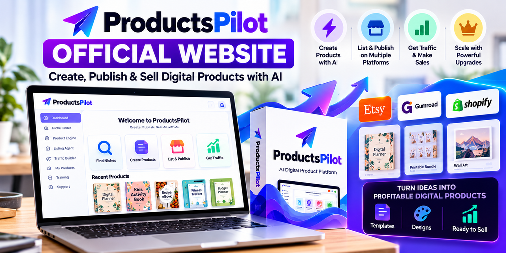 ProductsPilot official website showing AI tools for creating, publishing and selling digital products