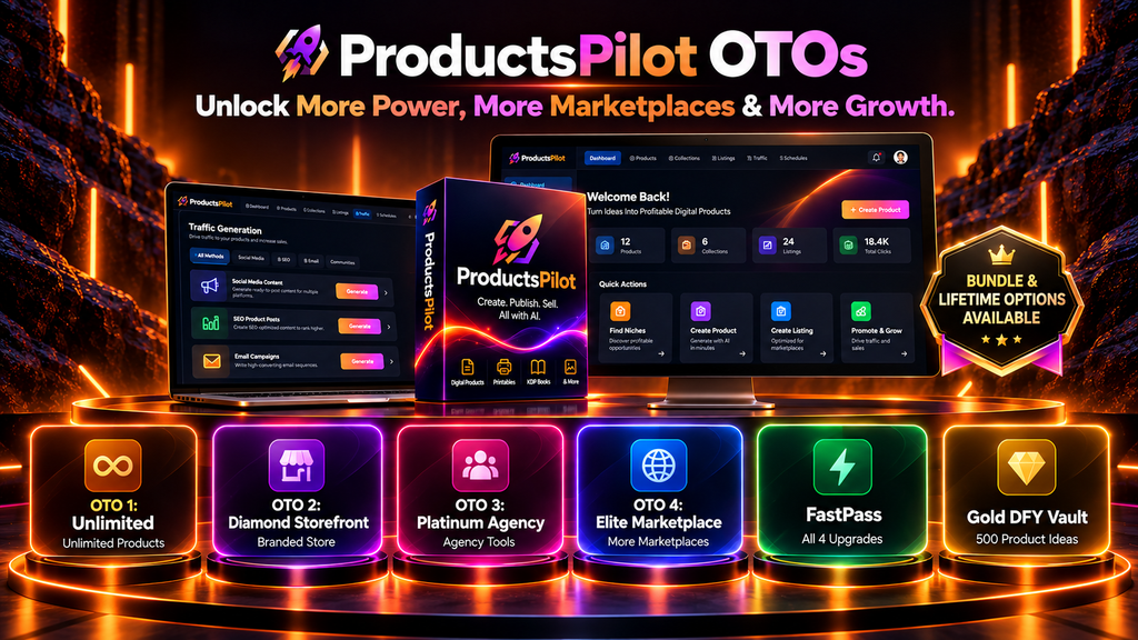 ProductsPilot OTO upgrades showing Unlimited, Diamond Storefront, Platinum Agency, Elite Marketplace, FastPass and Gold DFY Vault